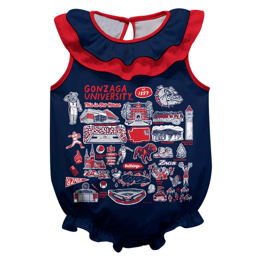 Gonzaga University Bulldogs Zags GU  Blue Hand Sketched Vive La Fete Impressions Artwork Sleeveless Ruffle Onesie Bodysu