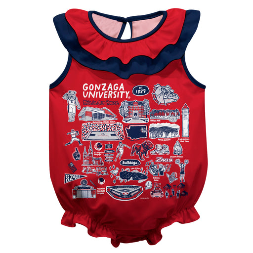 Gonzaga University Bulldogs Zags GU Red Hand Sketched Vive La Fete Impressions Artwork Sleeveless Ruffle Onesie Bodysuit