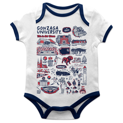 Gonzaga University Bulldogs Zags GU Hand Sketched Vive La Fete Impressions Artwork Infant White Short Sleeve Onesie Body