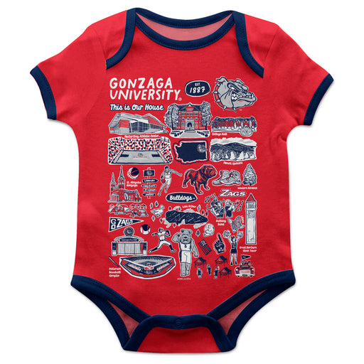 Gonzaga University Bulldogs Zags Hand Sketched Vive La Fete Impressions Artwork Infant Red Short Sleeve Onesie Bodysuit