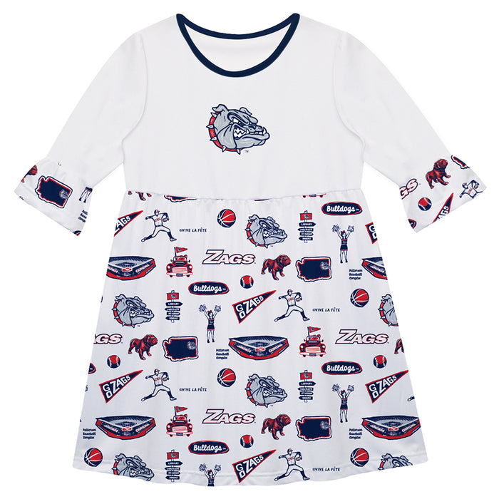 Gonzaga University Bulldogs Zags GU 3/4 Sleeve Solid White Repeat Print Hand Sketched Vive La Fete Impressions Artwork o