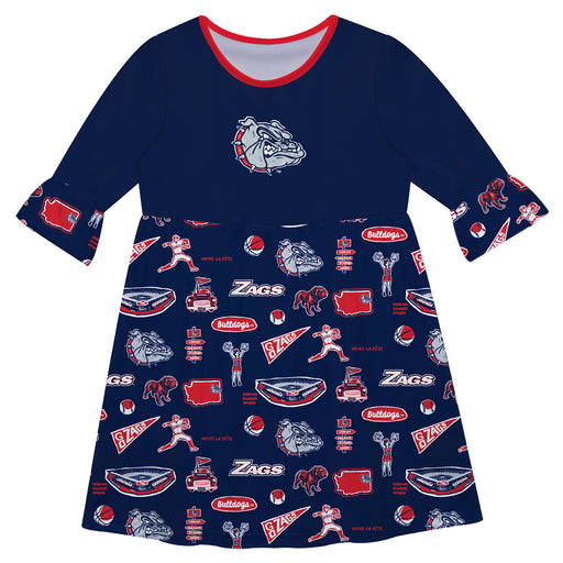 Gonzaga Bulldogs Zags GU 3/4 Sleeve Solid Blue Repeat Print Hand Sketched Vive La Fete Impressions Artwork on Skirt