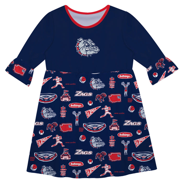 Gonzaga Bulldogs Zags GU 3/4 Sleeve Solid Blue Repeat Print Hand Sketched Vive La Fete Impressions Artwork on Skirt
