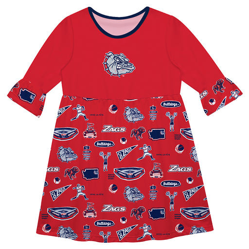 Gonzaga Bulldogs Zags GU 3/4 Sleeve Solid Red Repeat Print Hand Sketched Vive La Fete Impressions Artwork on Skirt