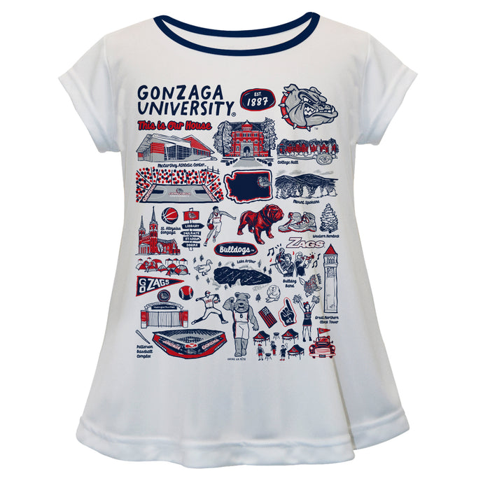 Gonzaga University Bulldogs Zags GU Hand Sketched Vive La Fete Impressions Artwork White Short Sleeve Top