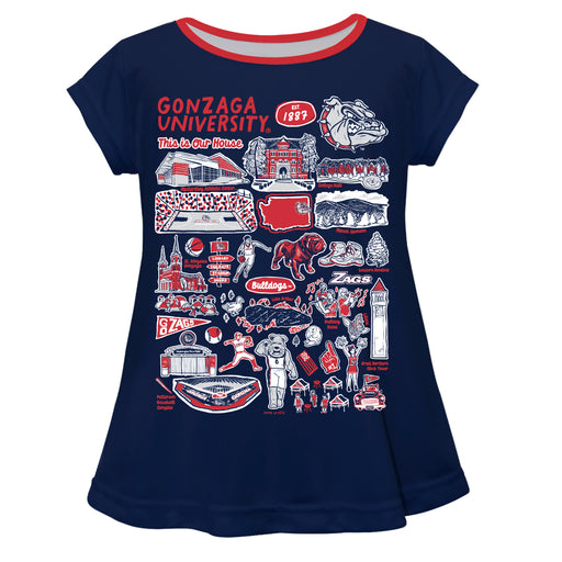 Gonzaga University Bulldogs Zags GU Hand Sketched Vive La Fete Impressions Artwork Blue Short Sleeve Top