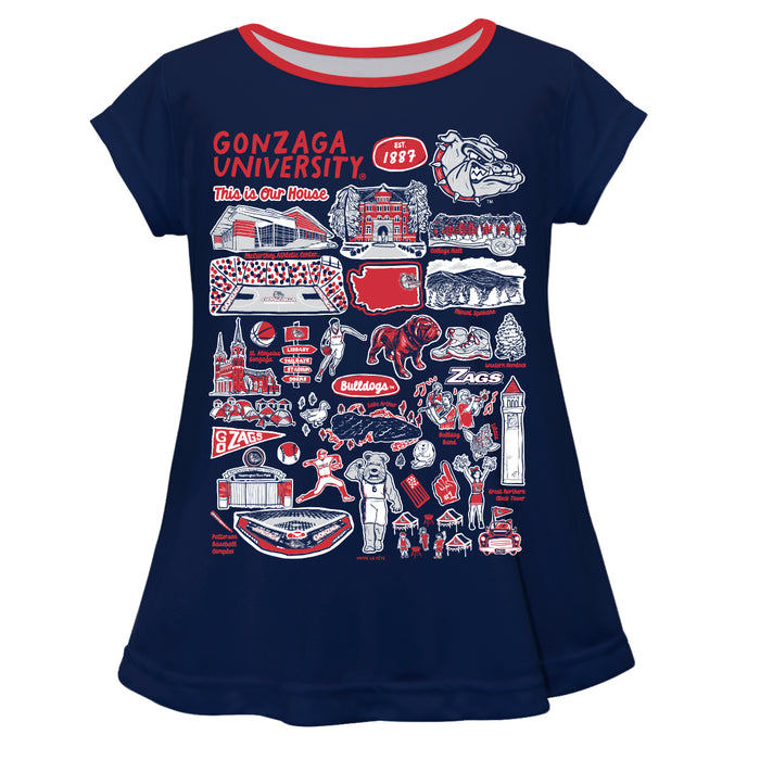 Gonzaga University Bulldogs Zags GU Hand Sketched Vive La Fete Impressions Artwork Blue Short Sleeve Top