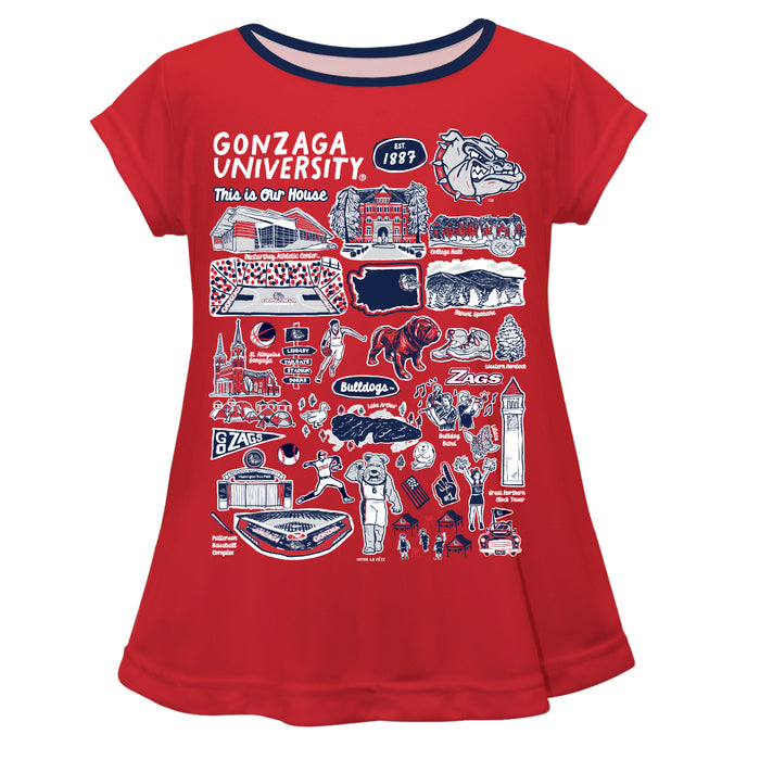 Gonzaga University Bulldogs Zags GU Hand Sketched Vive La Fete Impressions Artwork Red Short Sleeve Top