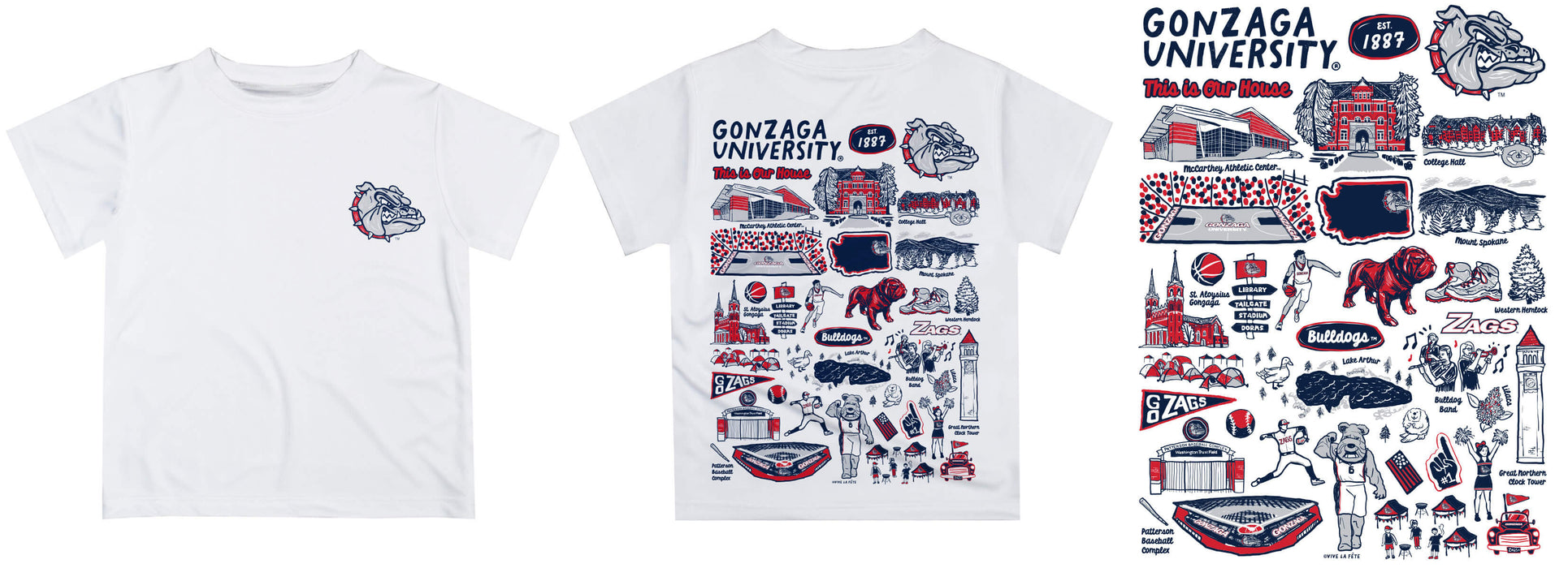 Gonzaga University Bulldogs Zags GU Hand Sketched Vive La Fete Impressions Artwork Boys Red Short Sleeve Tee Shirt - Vive La Fête - Online Apparel Store