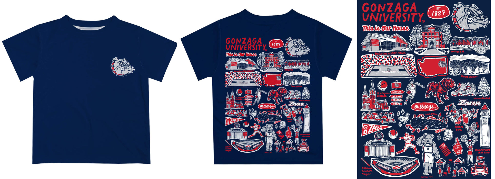 Gonzaga University Bulldogs Zags GU Hand Sketched Vive La Fete Impressions Artwork Boys Red Short Sleeve Tee Shirt - Vive La Fête - Online Apparel Store