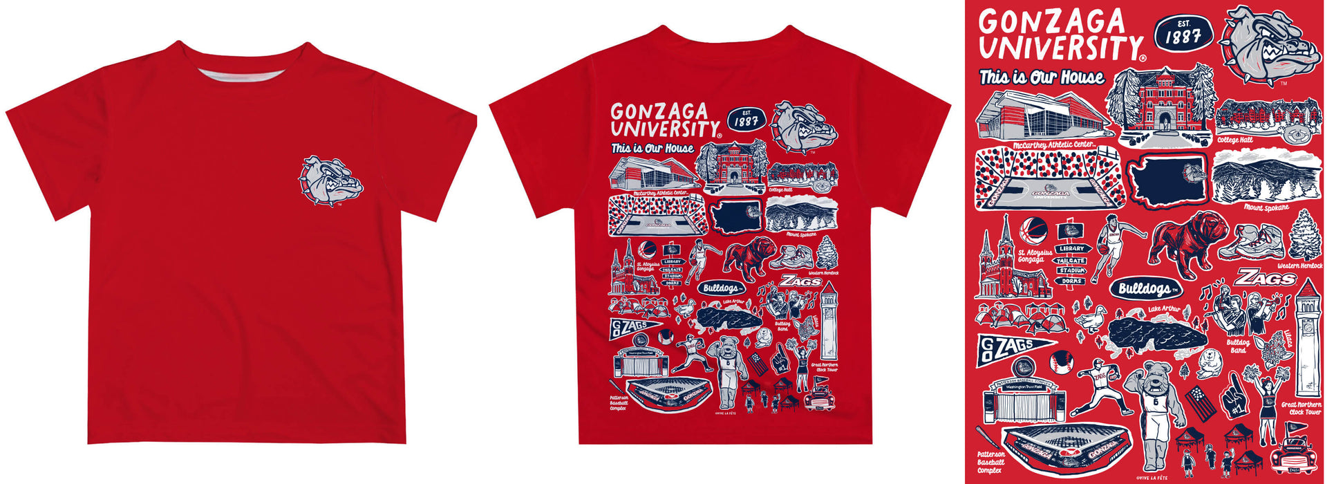 Gonzaga University Bulldogs Zags GU Hand Sketched Vive La Fete Impressions Artwork Boys Red Short Sleeve Tee Shirt - Vive La Fête - Online Apparel Store