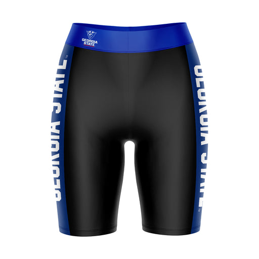 Georgia State Panthers Vive La Fete Game Day Logo on Waistband and Blue Stripes Black Women Bike Short 9 Inseam"