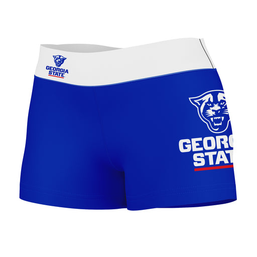 Georgia State Panthers Vive La Fete Logo on Thigh & Waistband  Blue White Women Yoga Booty Workout Shorts 3.75 Inseam