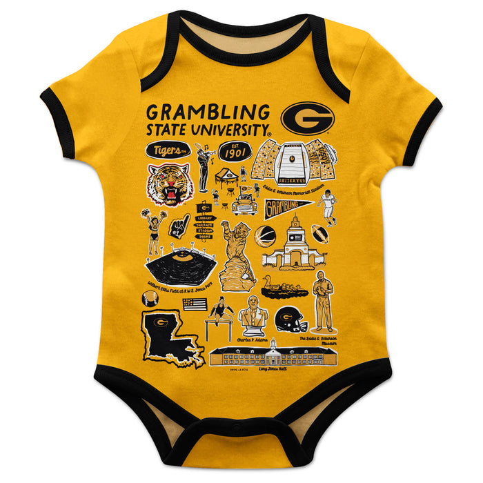 Grambling State Tigers GSU Hand Sketched Vive La Fete Impressions Artwork Infant Gold Short Sleeve Onesie Bodysuit