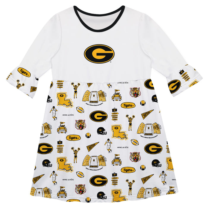Grambling State Tigers GSU 3/4 Sleeve Solid White Repeat Print Hand Sketched Vive La Fete Impressions Artwork on Skirt