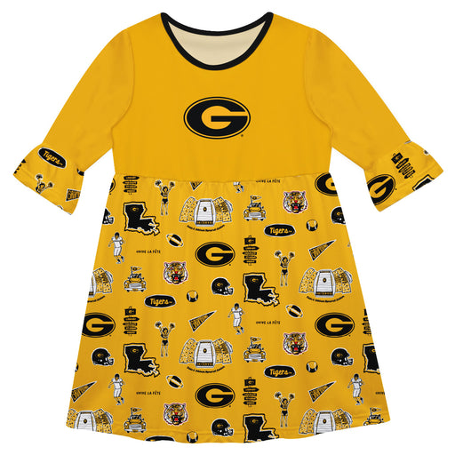 Grambling State Tigers GSU 3/4 Sleeve Solid Gold Repeat Print Hand Sketched Vive La Fete Impressions Artwork on Skirt