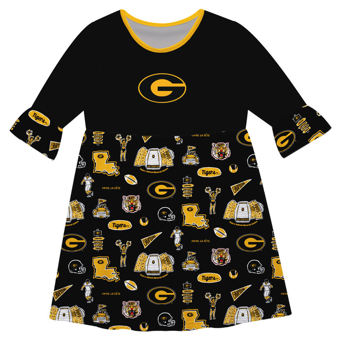Grambling State Tigers GSU 3/4 Sleeve Solid Black Repeat Print Hand Sketched Vive La Fete Impressions Artwork on Skirt