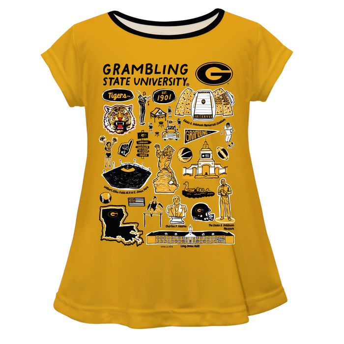 Grambling State Tigers GSU Hand Sketched Vive La Fete Impressions Artwork Gold Short Sleeve Top