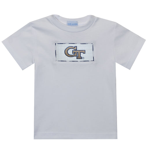 Georgia Tech Smocked Embroiderd White Knit Tee Shirt Short Sleeve - Vive La Fête - Online Apparel Store