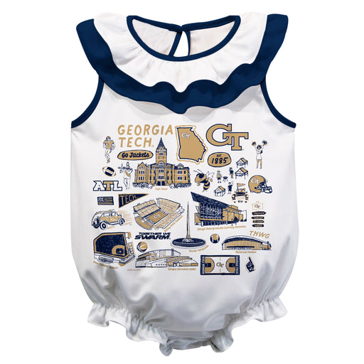 Georgia Tech Yellow Jackets  White Hand Sketched Vive La Fete Impressions Artwork Sleeveless Ruffle Onesie Bodysuit