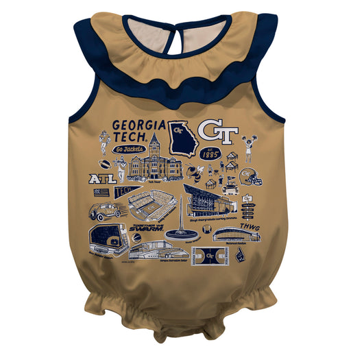 Georgia Tech Yellow Jackets  Gold Hand Sketched Vive La Fete Impressions Artwork Sleeveless Ruffle Onesie Bodysuit