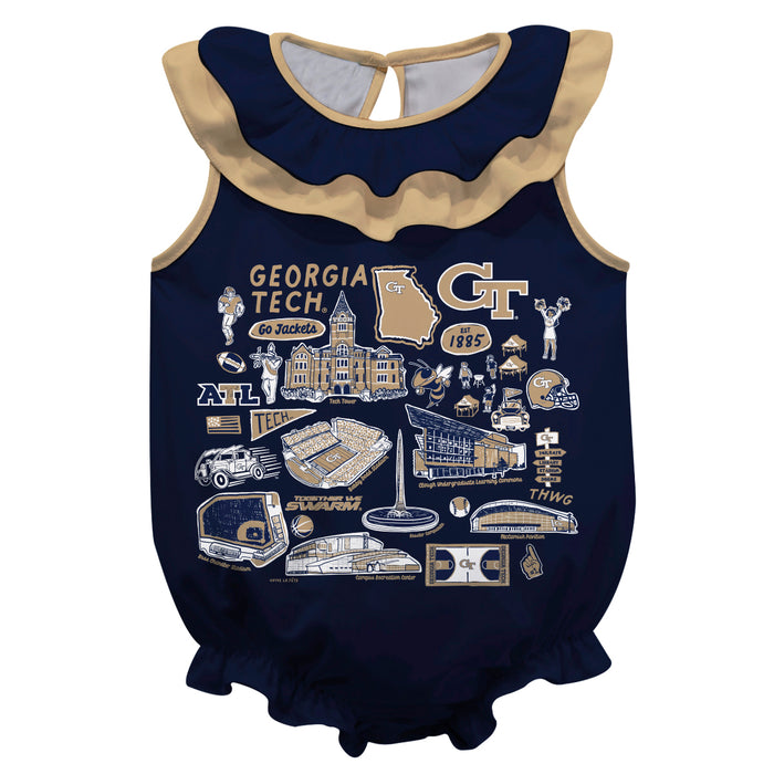 Georgia Tech Yellow Jackets  Navy Hand Sketched Vive La Fete Impressions Artwork Sleeveless Ruffle Onesie Bodysuit