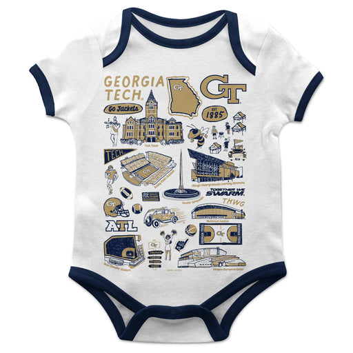 Georgia Tech Yellow Jackets Hand Sketched Vive La Fete Impressions Artwork Infant White Short Sleeve Onesie Bodysuit