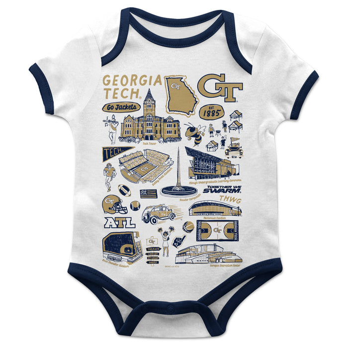 Georgia Tech Yellow Jackets Hand Sketched Vive La Fete Impressions Artwork Infant White Short Sleeve Onesie Bodysuit