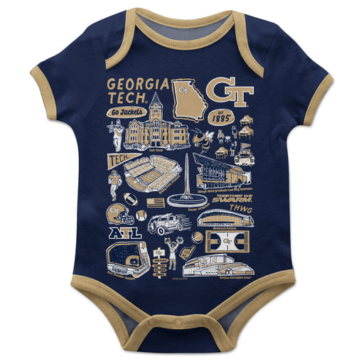 Georgia Tech Yellow Jackets Hand Sketched Vive La Fete Impressions Artwork Infant Navy Short Sleeve Onesie Bodysuit