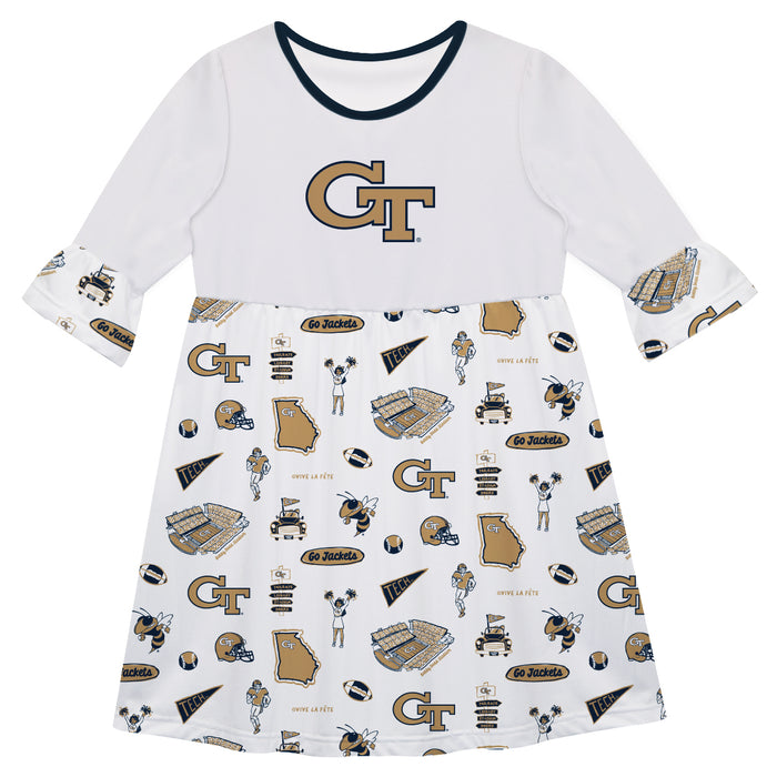 Georgia Tech Yellow Jackets 3/4 Sleeve Solid White Repeat Print Hand Sketched Vive La Fete Impressions Artwork on Skirt