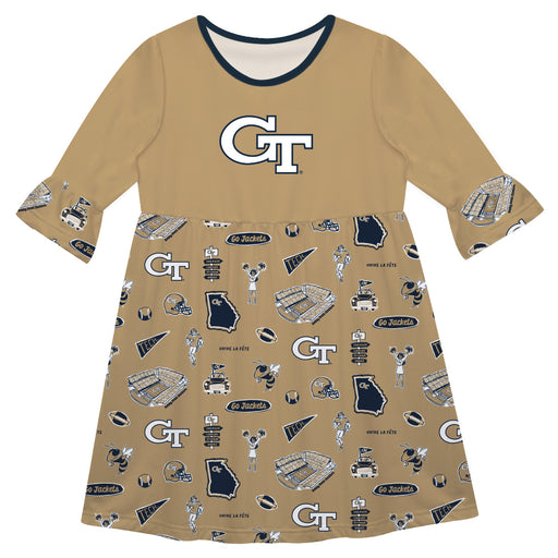 Georgia Tech Yellow Jackets 3/4 Sleeve Solid Gold Repeat Print Hand Sketched Vive La Fete Impressions Artwork on Skirt