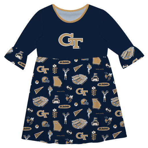 Georgia Tech Yellow Jackets 3/4 Sleeve Solid Navy Repeat Print Hand Sketched Vive La Fete Impressions Artwork on Skirt