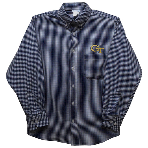 Georgia Tech Yellow Jackets Embroidered Navy Gingham Long Sleeve Button Down