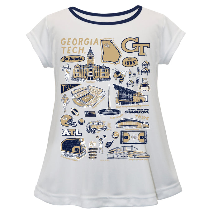 Georgia Tech Yellow Jackets Hand Sketched Vive La Fete Impressions Artwork White Short Sleeve Top
