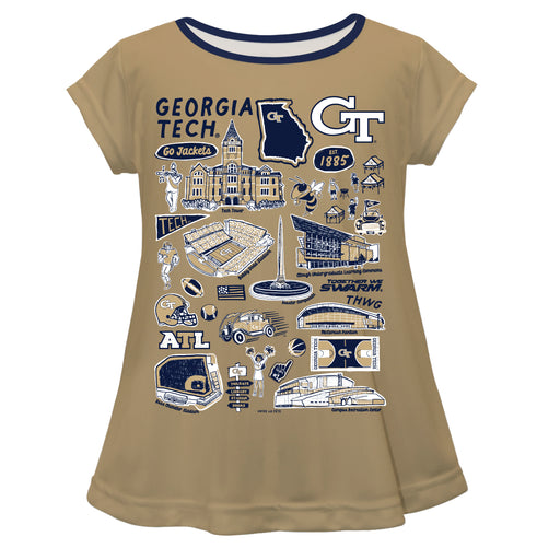 Georgia Tech Yellow Jackets Hand Sketched Vive La Fete Impressions Artwork Gold Short Sleeve Top