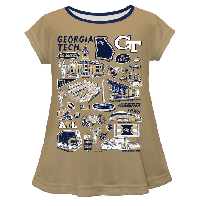 Georgia Tech Yellow Jackets Hand Sketched Vive La Fete Impressions Artwork Gold Short Sleeve Top