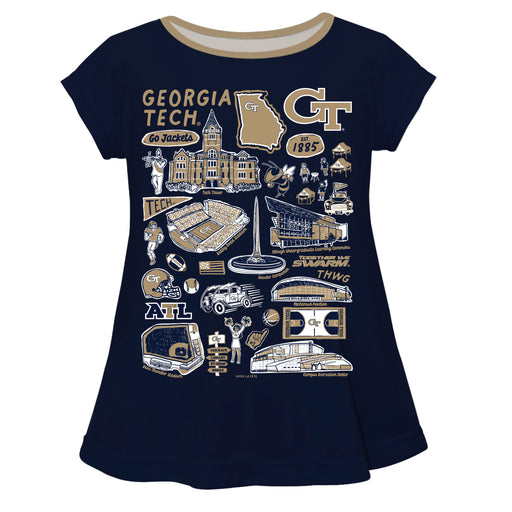Georgia Tech Yellow Jackets Hand Sketched Vive La Fete Impressions Artwork Navy Short Sleeve Top