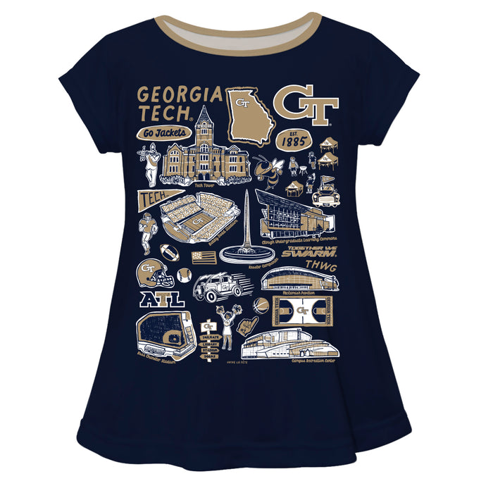 Georgia Tech Yellow Jackets Hand Sketched Vive La Fete Impressions Artwork Navy Short Sleeve Top