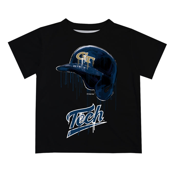 Georgia Tech Yellow Jackets Original Dripping Baseball Helmet Black T-Shirt by Vive La Fete