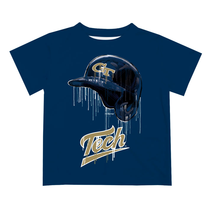 Georgia Tech Yellow Jackets Original Dripping Baseball Helmet Blue T-Shirt by Vive La Fete