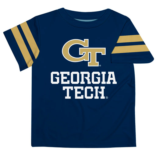Georgia Tech Yellow Jackets Vive La Fete Boys Game Day Blue Short Sleeve Tee with Stripes on Sleeves