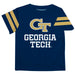 Georgia Tech Yellow Jackets Vive La Fete Boys Game Day Blue Short Sleeve Tee with Stripes on Sleeves