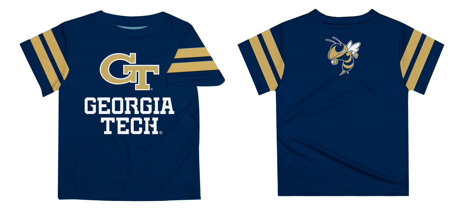 Georgia Tech Yellow Jackets Vive La Fete Boys Game Day Blue Short Sleeve Tee with Stripes on Sleeves - Vive La Fête - Online Apparel Store