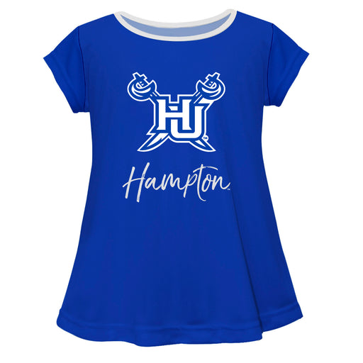 Hampton University Pirates Vive La Fete Girls Game Day Short Sleeve Blue Top with School Logo and Name