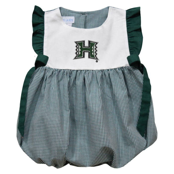 Hawaii Rainbow Warriors Embroidered Hunter Green Gingham Short Sleeve Girls Bubble