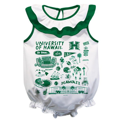 Hawaii Rainbow Warriors  White Hand Sketched Vive La Fete Impressions Artwork Sleeveless Ruffle Onesie Bodysuit