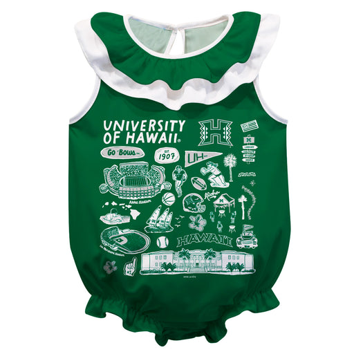 Hawaii Rainbow Warriors  Green Hand Sketched Vive La Fete Impressions Artwork Sleeveless Ruffle Onesie Bodysuit