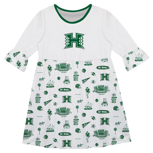 Hawaii Rainbow Warriors 3/4 Sleeve Solid White Repeat Print Hand Sketched Vive La Fete Impressions Artwork on Skirt