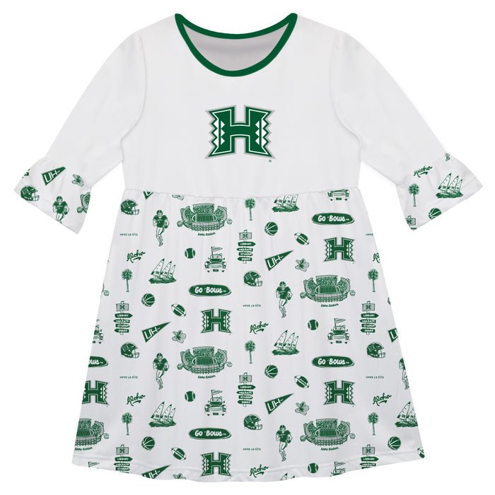 Hawaii Rainbow Warriors 3/4 Sleeve Solid White Repeat Print Hand Sketched Vive La Fete Impressions Artwork on Skirt
