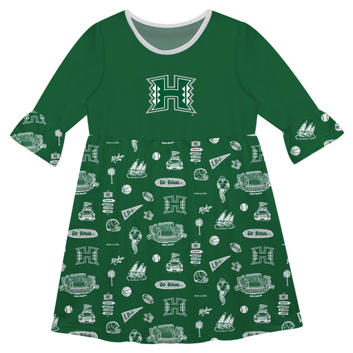 Hawaii Rainbow Warriors 3/4 Sleeve Solid Green Repeat Print Hand Sketched Vive La Fete Impressions Artwork on Skirt